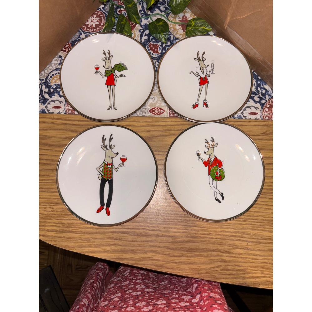 Clay Art  Reindeer Appetizer Plates Set of 4 Whimsical Holiday Decor